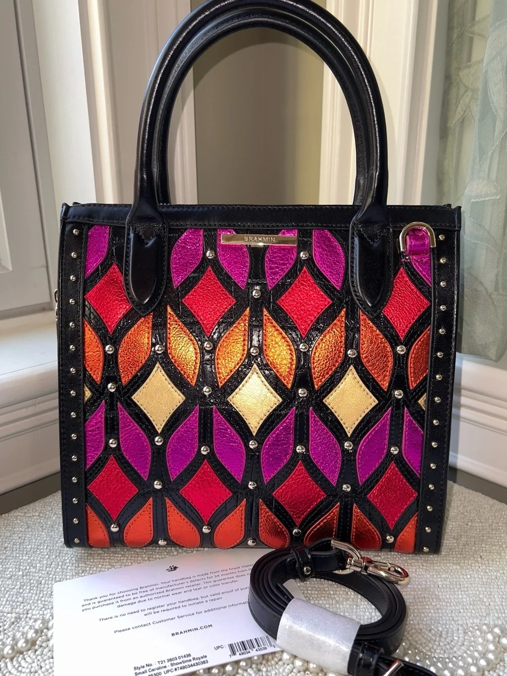 NWT Brahmin Leather Small Caroline Satchel, Showtime Royale